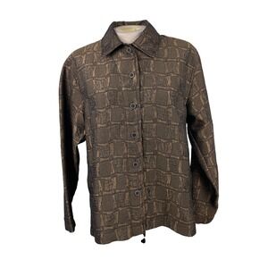 Chicos Women Size 0 Bronze Black Textured Grid Button Front Long Sleeve Shirt
